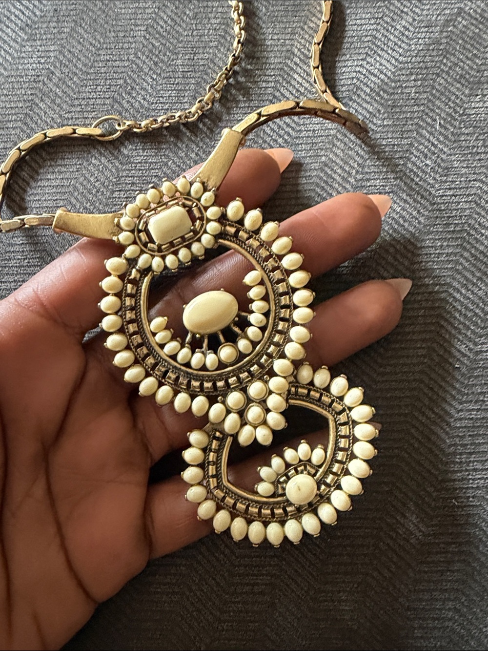 Beaded Double-Circle Pendant Necklace - Cream and Gold